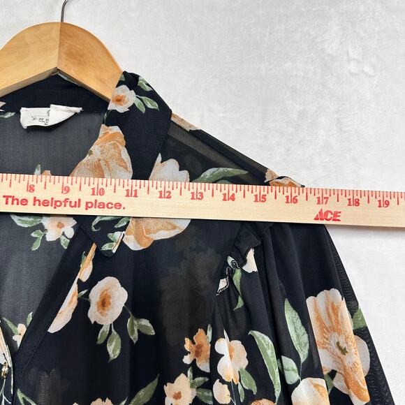Ember Floral Ruffle Top Long Sleeve Buttoned Women's Medium V-Neck Sheer Summer - Picture 9 of 10